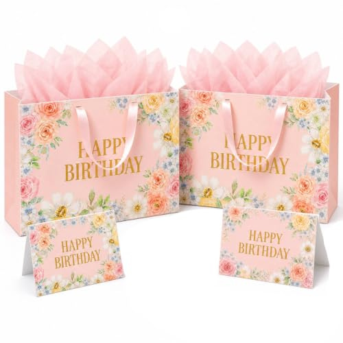 OMBRISA Birthday Gift Bag for Present 2Pcs, Happy Birthday Party Present Bags with 6 Tissue Paper and 2 Greeting Card, Luxury Paper Gift Bags, Pink Wrap Wrapping Bag for Girl Women Gift (30x12x22cm)