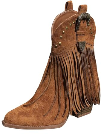 Boots Damen Botas de Mujer cómodas, de tacón Grueso, Puntiagudas, con Flecos, hasta la Rodilla, Estilo Western, Botas Media caña