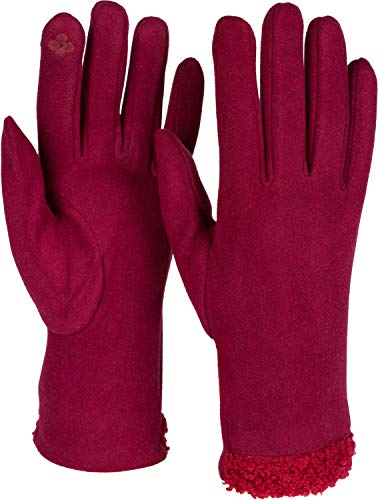 styleBREAKER Damen Touchscreen Handschuhe mit Teddyfell am Saum und Fleece Futter, warme Fingerhandschuhe, Winter 09010034, Farbe:Bordeaux-Rot