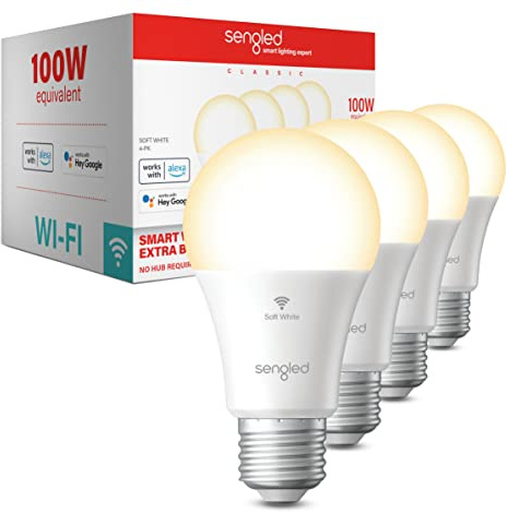 Sengled Smart Light Bulb, 100W Equivalent WiFi Light Bulb, 1500LM High Brightness Smart Bulbs that Work with Alexa Google, Dimmable A19 Soft White Alexa Light Bulb,CRI>90, No Hub Required, 4-Pack