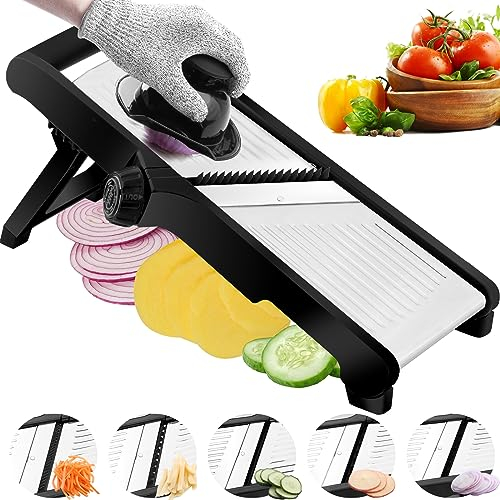 WELTONHM Mandoline Food Slicer, Einstellbar Mandoline Slicer für Küche, Edelstahl Mandoline Gemüseschneider für Kartoffel, Gemüsehobel Julienne Cutter mit schnittfesten Handschuhen, Schwarz