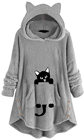 Sudadera con Capucha para Mujer,Moda Manga Larga Casual orejas de gato impresión Suelto Sudaderas largo felpa caliente gruesa Jersey Otoño Primavera Tops tumblr Suéter Abrigo chaqueta pulóver Fiesta