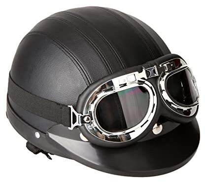 HUIOP Scooter Helmets,Motorcycle Scooter Open Face Half Leather Helmet with Visor UV Goggles Retro Vintage Style 54-60cm