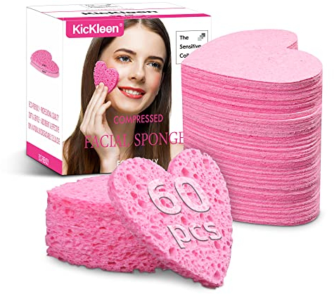 60-Count Kickleen Compressed Cellulose Heart Shape Facial Sponges | 100% Natural Cosmetic Spa Sponges for Facial Cleansing | Exfoliating | Makeup and Mask Removal | Reusable |Skin Massage (Pink)