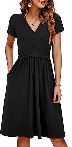 OUGES Maternity Nursing Dress Breastfeeding Pregnancy Postpartum Short Sleeve Wrap V Neck Casual Midi Dress(Black,M)