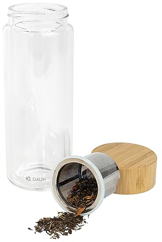 DAUH Glass Water Bottle with Infuser 350ml, Borosilicate Glass, Bamboo Lid, Double Walled Insulated for Hot & Cold Drinks, Leak-Proof, BPA Free, for Travel, Gym, Office