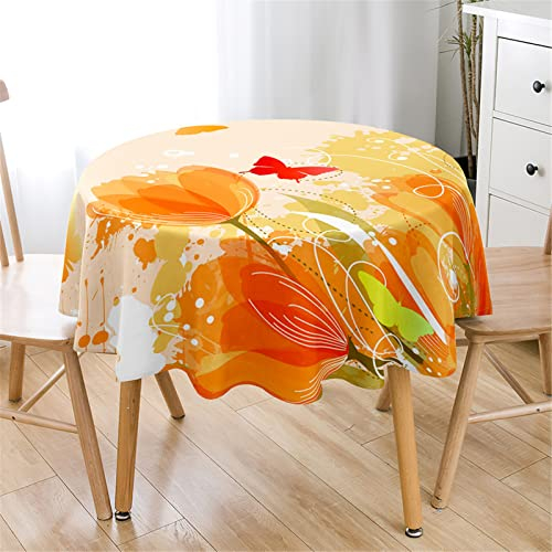 Highdi Rund Tischdecke Abwaschbar Tulpe Blumen Tischdecken Wasserdicht Antifouling Pflegeleicht Lotuseffekt Tischtuch für Home Küche Dekoration Garten (Durchmesser 160cm,Orange Graffiti)