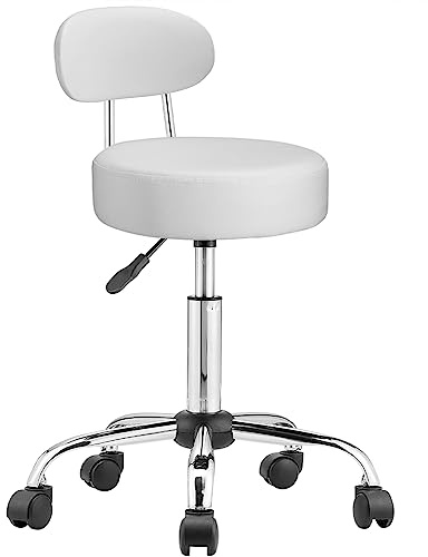 BAKAJI Taburete con ruedas y respaldo, silla de trabajo giratoria con soporte de espalda, asiento acolchado 10 cm de piel sintética y base de acero, altura ajustable, para esteticista, (blanco)