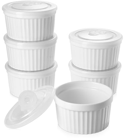 Samsle Ramequines de porcelana de 8 onzas aptas para horno con lida, juego de 6, pequeños platos de soufflé para crema brulee, helado, salsa y salsas, mini cuencos de cerámica blanca para hornear
