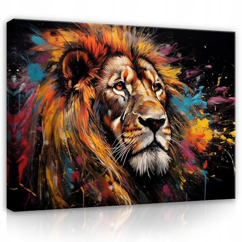 WallArena - Stampa su tela - Leone - 40x30 cm - Arte quadri su tela - Arte murale XXL di grande formato per soggiorno, camera da letto, salotto - Stampa d'arte moderna - Animali astratti colorati
