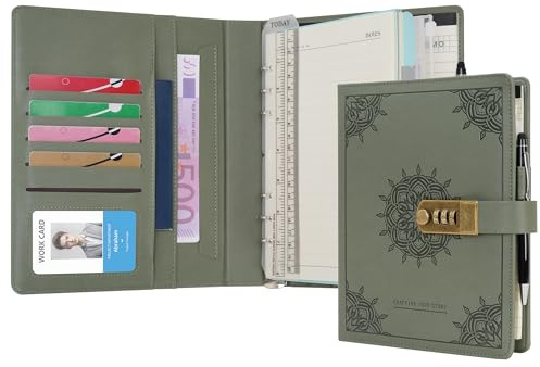 WASON Diario con candado A5 cuaderno de notas de hojas rayadas recargables planificador carpeta de escritura con bolígrafo y para ideal organizador negocios escuela y viajes(Verde)