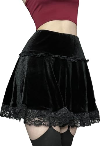 Falda corta de terciopelo para mujer, estilo gótico, con bordado de cruz, estilo punk, vintage, para verano, Y2K, minifalda con volantes, Negro + sin bordado, S
