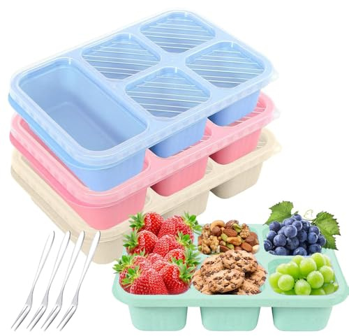 Snack Box, 4 Stück Snackboxen Mit 5 Fächer, With Stainless Steel Fork, Snackbox Mit Fächern, Bento Box, Lunch Box, Brotzeitbox, Vesperdose Mit Fächern für Schule Arbeit Reisen(Grün/Blau/Pink/Beige)