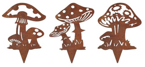 Lot de 3 piquets de jardin en forme de champignon rouillé - Décoration de jardin pour l'extérieur - Résistant aux intempéries - Décoration de jardin pour jardin, terrasse, balcon ou pot de fleurs