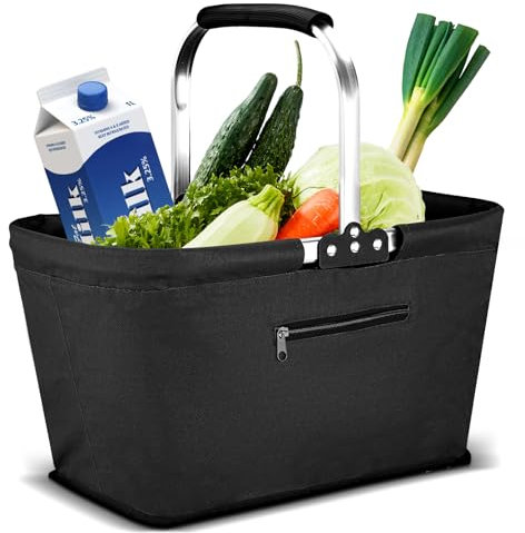 Yeabett 22L Einkaufskorb, Praktischer Klappkorb Einkaufstasche mit Gepolsterten Griffen für Reisen, Picknick, Einkaufen, Geschenke(Schwarz)