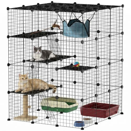PawHut Clôture pour Animaux domestiques, enclos Lapin intérieur, 4 Niveaux, enclos modulable pour Petits Animaux, Lapins, Panneaux grillagés, 105 x 105 x 140 cm, Noir