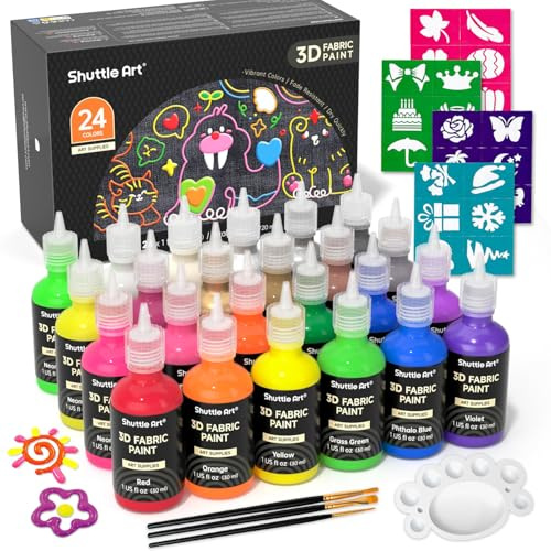 Shuttle Art Peinture Textile 3D Permanent, 24 Couleurs Peinture Tissu Métallique Néon Paillette 30 ML Non Toxique avec Pinceaux et Palette pour Vêtement T-Shirt Verre Tissu pour Enfant Adulte