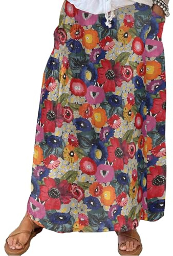 CIZEUR Jupe Longue Chic Femme Ete Floral A-Line avec Taille Elastique Jupe Bohème pour Plage- Vacance-, M Fleurs colorées