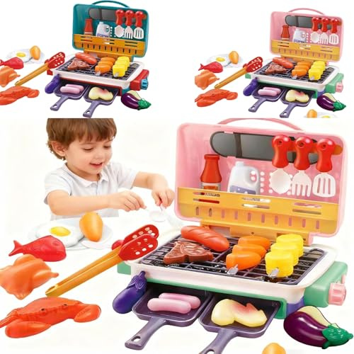 Sizzle & play! Our Kids BBQ Grill Toy Set with spray sound & color-changing food sparks imagination! 29 PCS sensory kitchen fun for toddlers (pink)