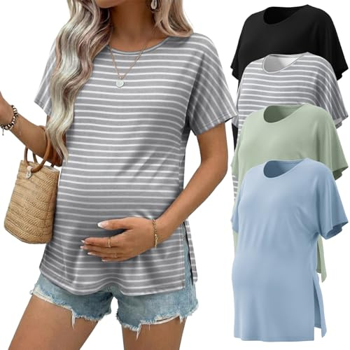 Ekouaer 4 Pack Maternity Shirts Short Sleeve Pregnancy Tunic Tops Casual Postpartum Outfits Split Side Mama Clothes Black/Light Blue/Light Green/Gray White Stripes L