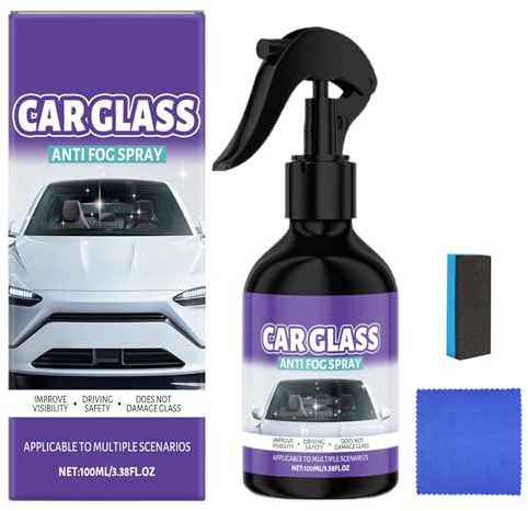 Spray anti-buée pour voiture – 100 ml, éponge de polissage pour verre, chiffon en microfibre | Protection produit de rinçage, antibuée, vitre voiture, vitres latérales, moto, camion, intérieur,