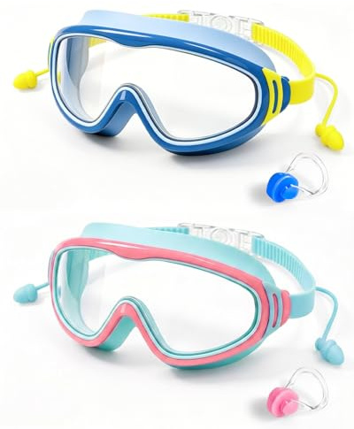 Neialla Kids Swim Goggles 2 Pack Anti Fog Waterproof High Definition Large Frame Swimming Glasses for Boys Girls Age 4-14 with Nose Clips Earplugs No Leaking Professional Water Gear