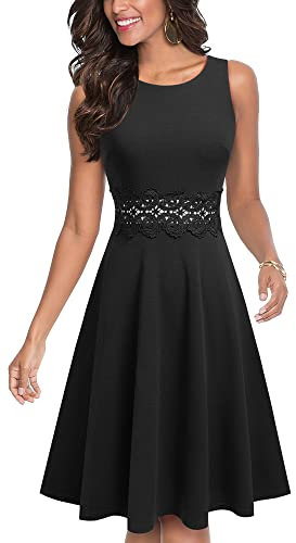 HOMEYEE Damen Vintage Rundhalsausschnitt ärmellosen Blumen Bestickt knielangen Cocktailkleid UKA079 (M,Schwarz)