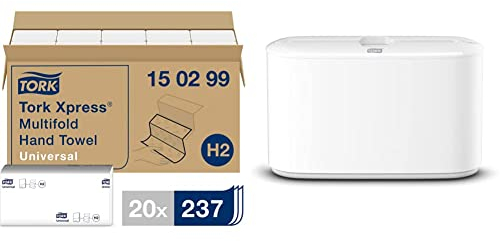 Tork 150299 Xpress Multifold Papierhandtücher H2 Universal in Weiß & Xpress Tischspender für Multifold Papierhandtücher 552200, Elevation Design - H2 Tisch-Papierhandtuchspender, kompakte Form, weiß