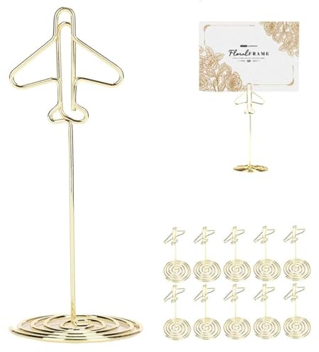 10 Soporte para Tarjetas de Lugar, Portatarjetas Doradas Números de Mesa para la Recepción de la Boda Estilo Avión para Fotos Restaurante, Mesa, Boda, Fiesta, San Valentín