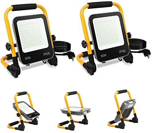 Tubiaz Faretto LED da cantiere, 2 Pack 50W Super luminoso Faro LED con Staffa pieghevole, 5100LM 6000K Bianca Freddo Impermeabile IP66 Ideale per officina,Cantiere (3M Cavo con Spina)