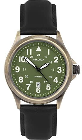 Sekonda Altitude Mens 43mm Quartz Watch in Green with Analogue Date Display, and Black Leather Strap 30103