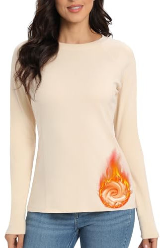 Jiuday Thermoshirt Damen Langarm Winter Thermo Oberteil Fleece Thermo Langarm Shirt Funktionsshirt Thermo Unterhemd mit Rundhalsausschnitt für Haus Sport Skifahren (Beige,S)