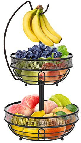 Bomclap Frutero de 2 niveles – Frutero con soporte para plátanos para cocina – Extraíble 2 pisos Frutas Soporte de metal – Cesta decorativa para frutas y verduras para el mostrador de la cocina –