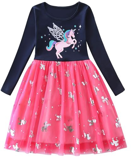 FILOWA Vestidos para Niñas Unicornio Bordado Tul Faldas, 2-7 Años | Algodon, Manga Corta, Verano Casual Vestido, Lentejuelas Fiesta Colegio Parque Ocio, Flores Estampado Dress, Primavera Ropa