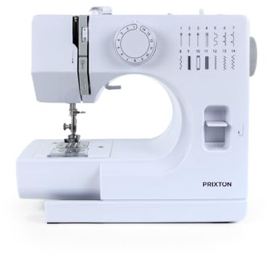 PRIXTON Machine à Coudre P115 avec 14 Points de Couture, 2 Vitesses, Tiroir à accessoires, Lampe et Pédale incluses