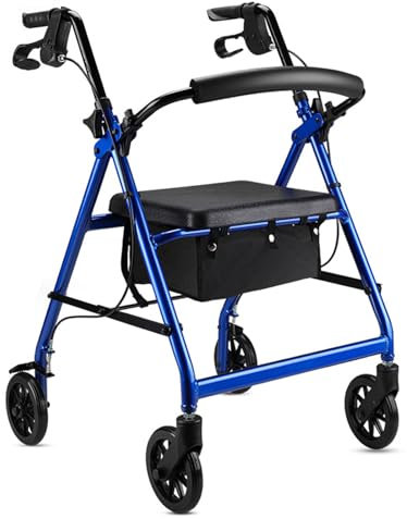 DéAmbulateur Vertical Tout-Terrain, DéAmbulateur Pliable avec SièGe à Dossier, Cadre EntièRement RéGlable, Aide à la Marche pour Personnes âGéEs et Adultes(Color:Bleu)