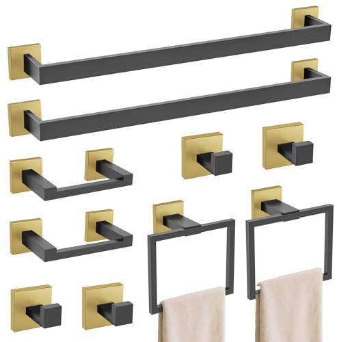 TURS Set of 10 Black and Gold Bathroom Accessories, SUS304 Stainless Steel for Bathroom, 23.6 Inches
