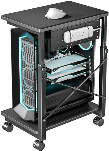 ARES WING Height Adjustable Computer Tower Stand, 2-Tier PC Tower Stand for Most PC, CPU Holder Cart with Locking Wheels for Gaming Home Office, 21.7-33.5 Height