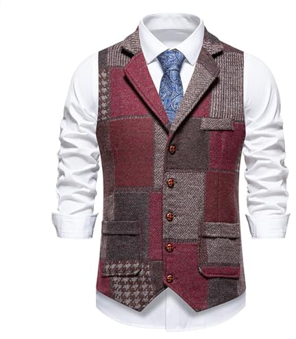 Vhersily Gilet Uomo Tweed Elegante Abito in Lana Vintage Scollo a V Panciotto Casual con Bottoni da Formale Matrimonio Senza Maniche Stile Urbano Y2K alla Moda Tinta Unita Classico per Business