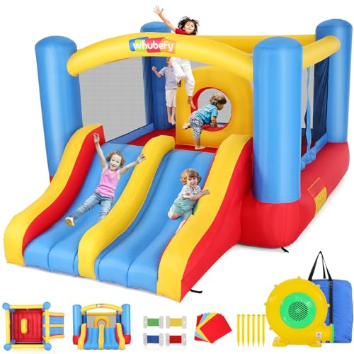 AKEYDIY Hüpfburg mit Gebläse, Doppelrutsche, Kletterwand, Basketballkorb, Ballnetz, großem Trampolin, geeignet für drinnen und draußen, 840+420D Oxford-Gewebe, für größere Kinder