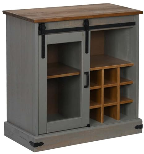 mtlskopl Credenza in legno di pino massiccio grigio porta scorrevole con 9 portabottiglie di vino design rustico 80 x 40 x 80 cm versatile per soggiorno corridoio e camera da letto