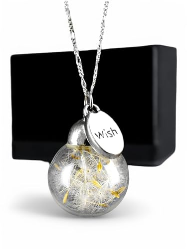 MadamLili Cadena de plata con colgante de diente de león Wish – 925 Sterling – Joyas naturales – Set de regalo, Vidrio, No es una piedra preciosa