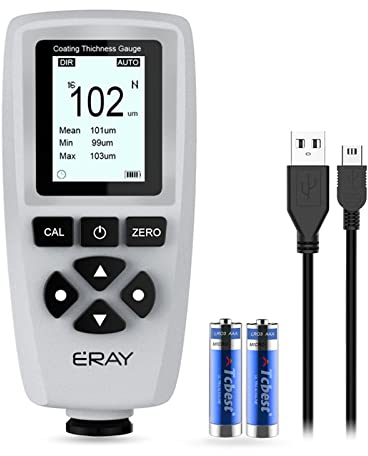 ERAY Medidor de espesor de capa con retroiluminación, pantalla LCD, medidor de capa de pintura, incluye maletín, batería e instrucciones en alemán, rango de medición de 0 a 2000 m, medidor de pintura