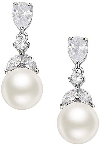 SWEETV Cubic Zirconia Pearl Drop Wedding Earrings for Brides, Ivory Camellia Bridal Pearl Earrings for Bridesmaid Jewelry Gift