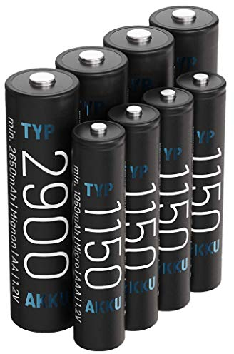 ABSINA 4X AA Mignon 2900 & 4X AAA Micro 1150 Akku - NiMH Wiederaufladbare Akkus mit 1,2V - Akkus für Geräte mit hohem Stromverbrauch - Akkus ideal für Blitzgerät, Wii & Xbox Controller, Telefon