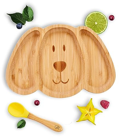 Kleiner Fuchs Hochwertiges Bambus Teller mit Saugnapf, Rutschfestem Saugnapf mit passendem Baby Löffel Macht Mahlzeiten Spaß, Bambus Geschirr Set mit Geschenkbox - Essenlernen mit Hund Design