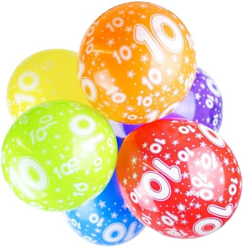Happium 10th Birthday 12 Multicoloured Numbers Printed Latex Age Balloons, Digit 10 for Girls Boys 10 Year Old Decorations, 10th Anniversary Party (Pack of 10)
