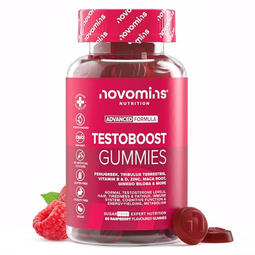 Testosterona Hombre - 60 Gominolas - con Maca Negra, Tribulus Terrestris, Fenogreco, Zinc y Vitamina D - Energía, Musculación y Libido - Vegano y Sin Gluten - Gominolas de Testosterona - Novomins