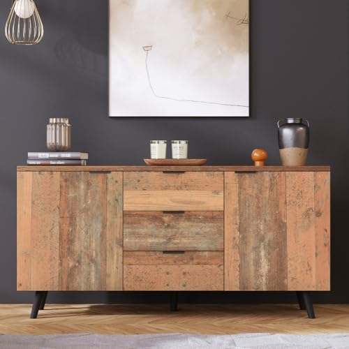 KOMHTOM Vintage-Kommode, Sideboard mit herausnehmbaren Trennwänden, Schrank mit 3 zentralen Schubladen und Zwei Türen, Mehrzweckschrank für Wohnzimmer, Esszimmer, Schlafzimmer 140x35x70 cm