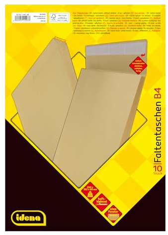 Idena 11093 - Versandtaschen DIN B4, 10 Stück haftklebend, Faltentaschen mit 4 cm Bodenfalte, Briefumschläge ohne Fenster, aus 140 g/m² FSC-Recycled Papier in Braun